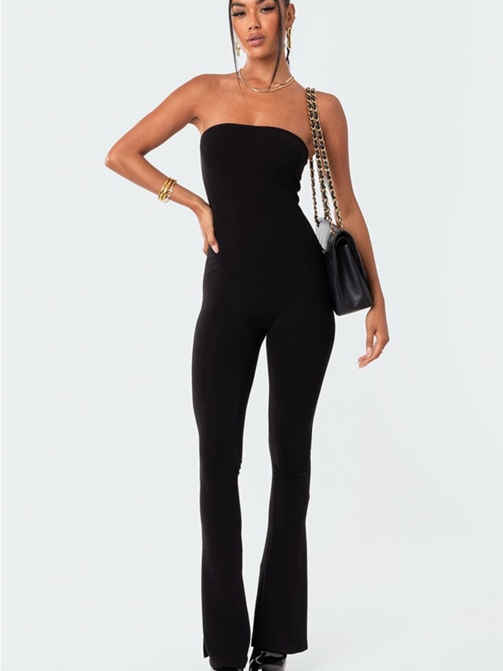 Oh Polly Black Strapless Fitted Jumpsuit with Flared Legs